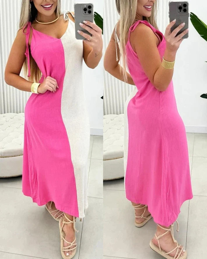 Elegant-Style-Women-s-Long-Skirt-2024-Spring-Summer-Casual-Simple-V-Neck-Sleeveless-Colorblock-Tied.webp